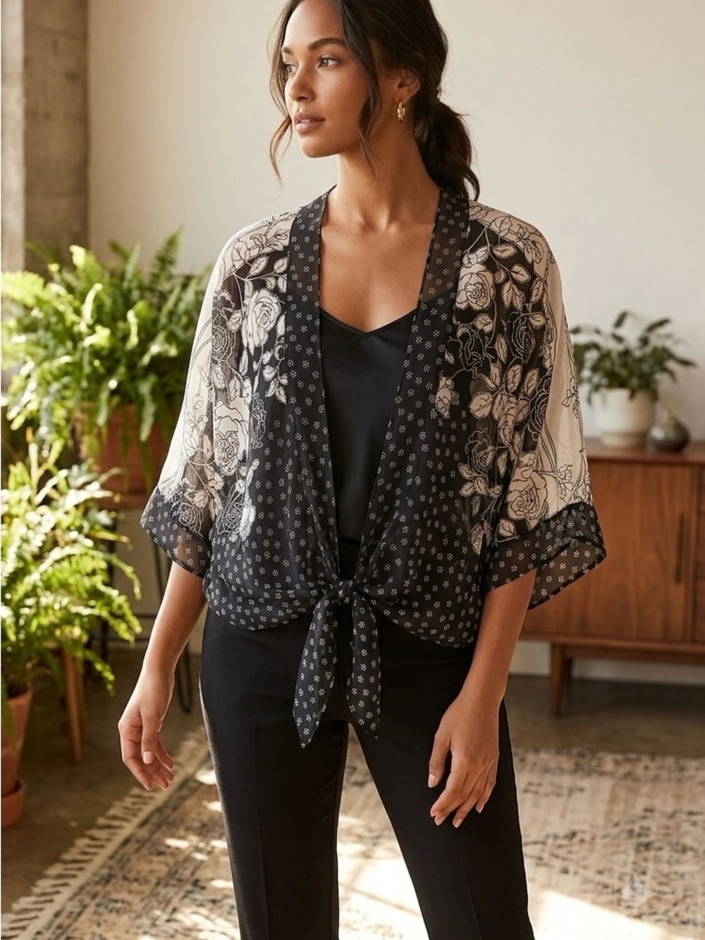Sheer Floral Tie-Front Kimono Tunic - Black and Cream